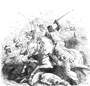 Guerreros cruzados y musulmanes en batalla.  