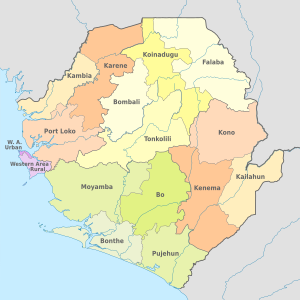 De 14 districten en 2 gebieden van Sierra Leone.  