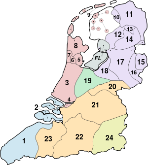 Dialect map with the traditional but outdated division of Jo Daan from 1969. legend: West Flemish and Zealand Brabant and East Flemish Limburg Dutch Utrechts-Alblasserwaards Lower Saxon
