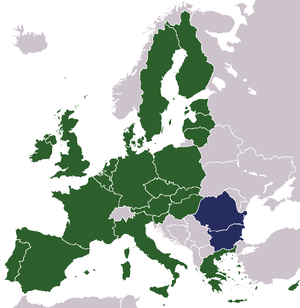 Nya medlemmar 2007 visas i blått. Övriga EU-medlemmar vid den tidpunkten visas i grönt.  