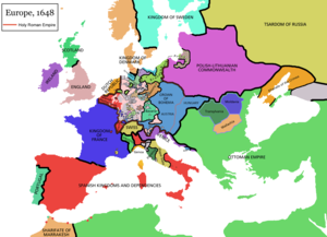 1648年威斯特伐利亚和平之后的欧洲简化地图。