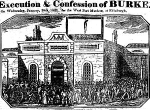 Poprava Williama Burka na Lawnmarkete v Edinburghu, 28. januára 1829; z dobového brožovaného listu.