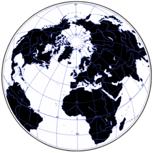 True-surface azimuthal projection of the land hemisphere (with projection center on the prime meridian at 50° N, in the English Channel)
