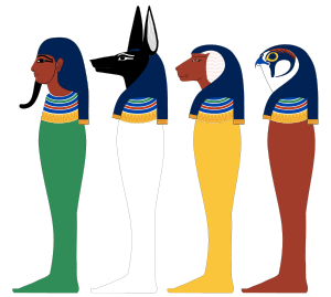 Horuksen neljä poikaa (vasemmalta): Imsety, Duamutef, Hapi, Qebehsenuef.  