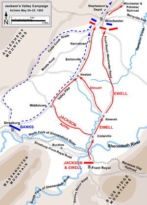 Kaart van een deel van Jackson's Vallei Campagne 23-24 mei, 1862