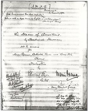 Manuscript-partituur, ondertekend door Elgar en de uitvoerders van de eerste uitvoering