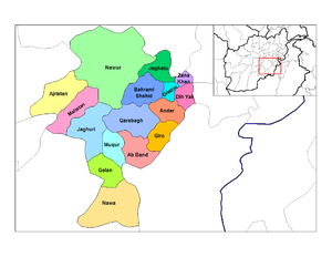 Districts de Ghazni. Note : il s'agit de l'ancienne carte du district.