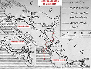 Detaljerad karta över det italienska "guvernementet Dalmatien", med "Provincia di Zara", "Provincia di Spalato" och "Provincia di Cattaro".  