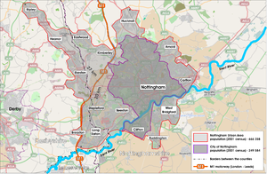 Mapa da área urbana de Nottingham