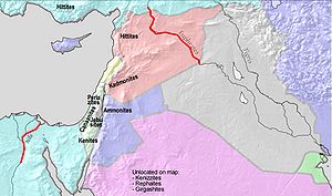 Kartta, jossa näkyy eräs tulkinta Luvatun maan rajoista, jotka perustuvat Jumalan Aabrahamille antamaan lupaukseen (1. Mooseksen kirja 15).  