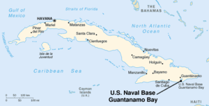 Kuuban kartta, johon on merkitty Guantánamo Bayn sijainti.  