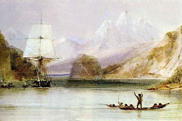 Een aquarel van HMS Beagle's tekenaar, Conrad Martens. Geschilderd tijdens het overzicht van Tierra del Fuego, toont het de Beagle die door de inheemse Fuegiërs wordt geprezen.