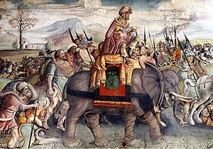 Hannibals bekende prestatie om de Alpen over te steken met oorlogsolifanten ging over in de Europese legende: detail van een fresco, ca. 1510, Capitolijnse Musea, Rome.  
