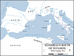 A rota de invasão de Hannibal, dada graciosamente pelo Departamento de História da Academia Militar dos Estados Unidos