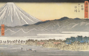 Gezicht op de berg Fuji, deel van de serie Drieënvijftig staties van de Tōkaidō door Hiroshige, gepubliceerd 1850