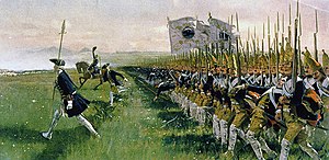 Preussin jalkaväki hyökkää rivissä Hohenfriedbergin taistelussa.  