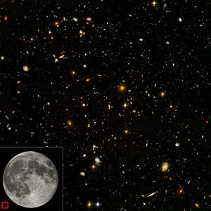 Hubble Ultra Deep Field-beeld van een regio van het waarneembare heelal (de grootte van het hemelgebied wordt linksonder aangegeven). Elke stip is een sterrenstelsel, bestaande uit miljarden sterren. Het licht van de kleinste, meest roodverschoven sterrenstelsels ontstond bijna 14 miljard jaar geleden.  