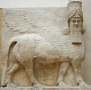 Een Assyrische gevleugelde stier, of lamassu.  