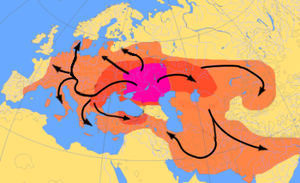 Mapa de las migraciones indoeuropeas desde aproximadamente el año 4000 al 1000 a.C., basado en el modelo de Kurgan. La zona roja corresponde a la zona que podría haber sido colonizada por pueblos de habla indoeuropea hacia el 2500 a.C., y la zona naranja había sido colonizada por hablantes indoeuropeos hacia el 1000 a.C.  
