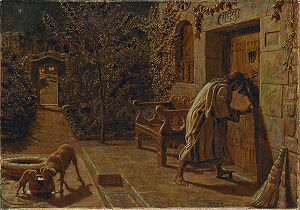 William Holman Hunt's schilderij van The Importunate Neighbour (1895).  
