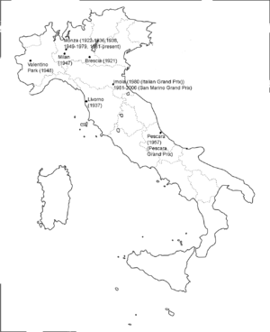 Un mapa con todas las ubicaciones del Gran Premio de Italia  