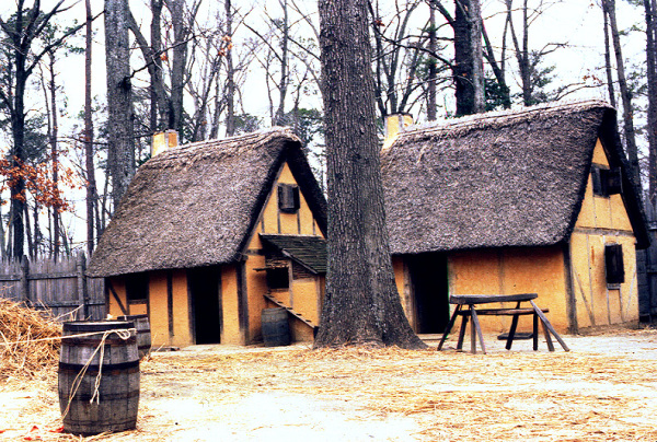 Rumah-rumah yang direkonstruksi di Jamestown