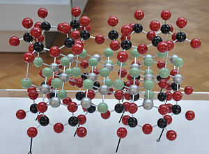 Ball-and-stick model van Kaolinite; Zuurstofatomen doen de verbinding tussen silicaat en aluminiumoxide vellen.