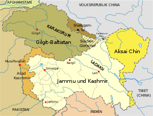 Territorial claims in Kashmir: Under Indian control (Jammu and Kashmir state, claimed by Pakistan). Under Pakistani control, claimed by India (Asad Kashmir) Under Pakistani control, claimed by India (Gilgit-Baltistan) Under Chinese control, claimed by India (Aksai Chin) Shaksgam Valley (ceded by Pakistan to China, not recognized and claimed by India).