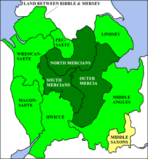 Kaart van Mercia en vazal koninkrijken.