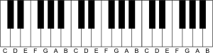 Een muzikaal klavier. De zwarte noot tussen C en D wordt Cis of Dis genoemd.