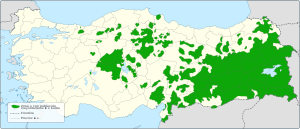 显示土耳其境内库尔德人占多数地区的地图。