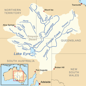 Kaart van het stroomgebied van het Eyre-meer met de Diamantina-rivier  