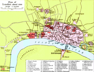 London 1300-ban: a város nagy része még mindig a régi római városfalon belül volt.