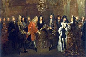 Francouzský král Ludvík XIV. přijímá ve Fontainebleau budoucího polského krále Augusta III.