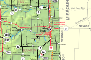 Mapa del KDOT de 2005 del condado de Bourbon (leyenda del mapa)  