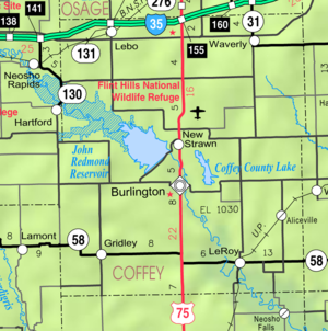 Coffeyn piirikunnan KDOT-kartta vuodelta 2005 (kartan selite)  