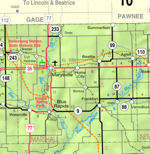 Marshallin piirikunnan KDOT-kartta vuodelta 2005 (kartan selite)  