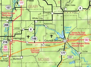 KDOT:s karta över Morris County från 2005 (kartlegend)  