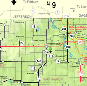 Washingtonin piirikunnan kartta vuodelta 2005 KDOT:ltä (kartan selitys).  
