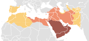 Extinderea califatului sub Omeiazi.      Extinderea sub Profetul Mahomed, 622-632 Extinderea în timpul califatului patriarhal, 632-661 Extinderea în timpul califatului omeyyad, 661-750