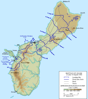 Mapa que muestra el progreso de la campaña de Guam.  