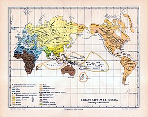 A 4ª edição do Meyers Konversationslexikon (Leipzig, 1885-1890) mostra a raça caucasiana (de azul) como sendo composta de arianos, semitas e hamitas. Os arianos são ainda mais divididos em arianos europeus e indo arianos. O povo chamado "indo-arianos" neste mapa de 1890 é hoje conhecido como indo-iranianos, e a palavra "indo-iraniano" é usada hoje somente para os indo-iranianos do norte da Índia.