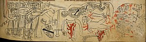 Manuscrito medieval mostrando o corpo mutilado de Simon de Montfort no campo de Evesham