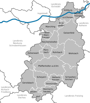 Steden en gemeenten in het district Pfaffenhofen  