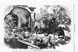 1874 karykatura w Harpers Weekly, pierwsze użycie słonia jako symbolu partii republikańskiej.