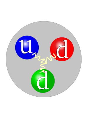 Deux quarks descendants (d) et un quark ascendant (u) forment un neutron
