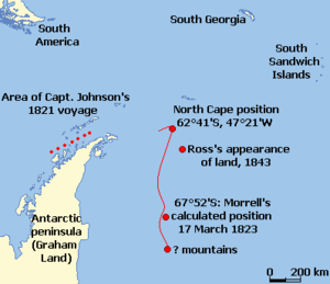 Kartta, jossa näkyy Morrellin raportoima "Uuden Etelä-Grönlannin" rannikon sijainti (1823, punainen viiva) ja Sir James Clark Rossin vuonna 1841 raportoima "Rossin esiintymä". Katkoviivalla on merkitty kapteeni Johnsonin vuoden 1821 matkan alue.  