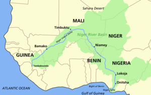 Harta fluviului Niger cu bazinul fluviului Niger în verde.