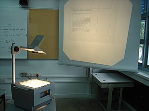 Overhead-projektori toiminnassa luokkahuoneen oppitunnin aikana