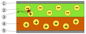 OLED schema: 1. Kathode (-), 2. Emitterende laag, 3. Emissie van straling, 4. Geleidende laag, 5. Anode (+)  